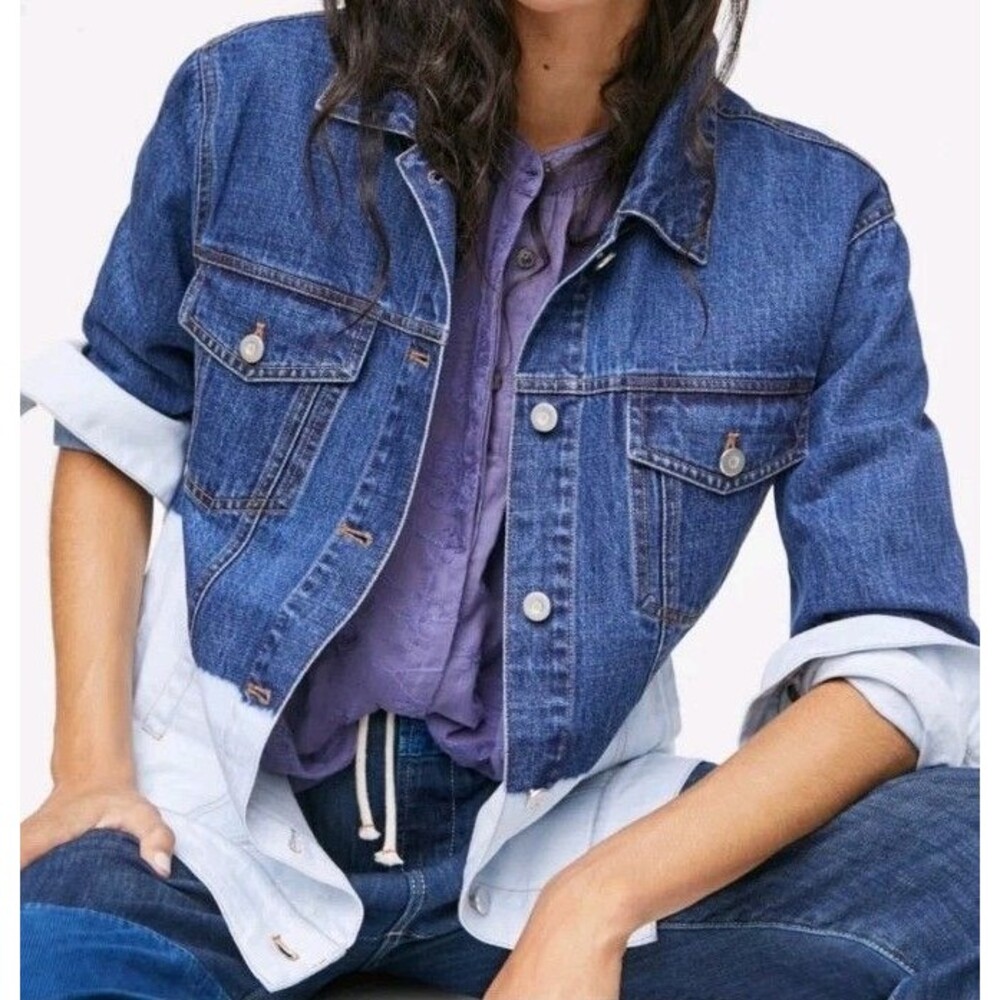 Avec Les Filles Womens Denim Jacket Size XS Button Up Blue Boho Festival Fall